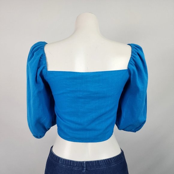 Zara Blue Puff Sleeve Ruched Crop Top - S/M - Picture 6 of 11
